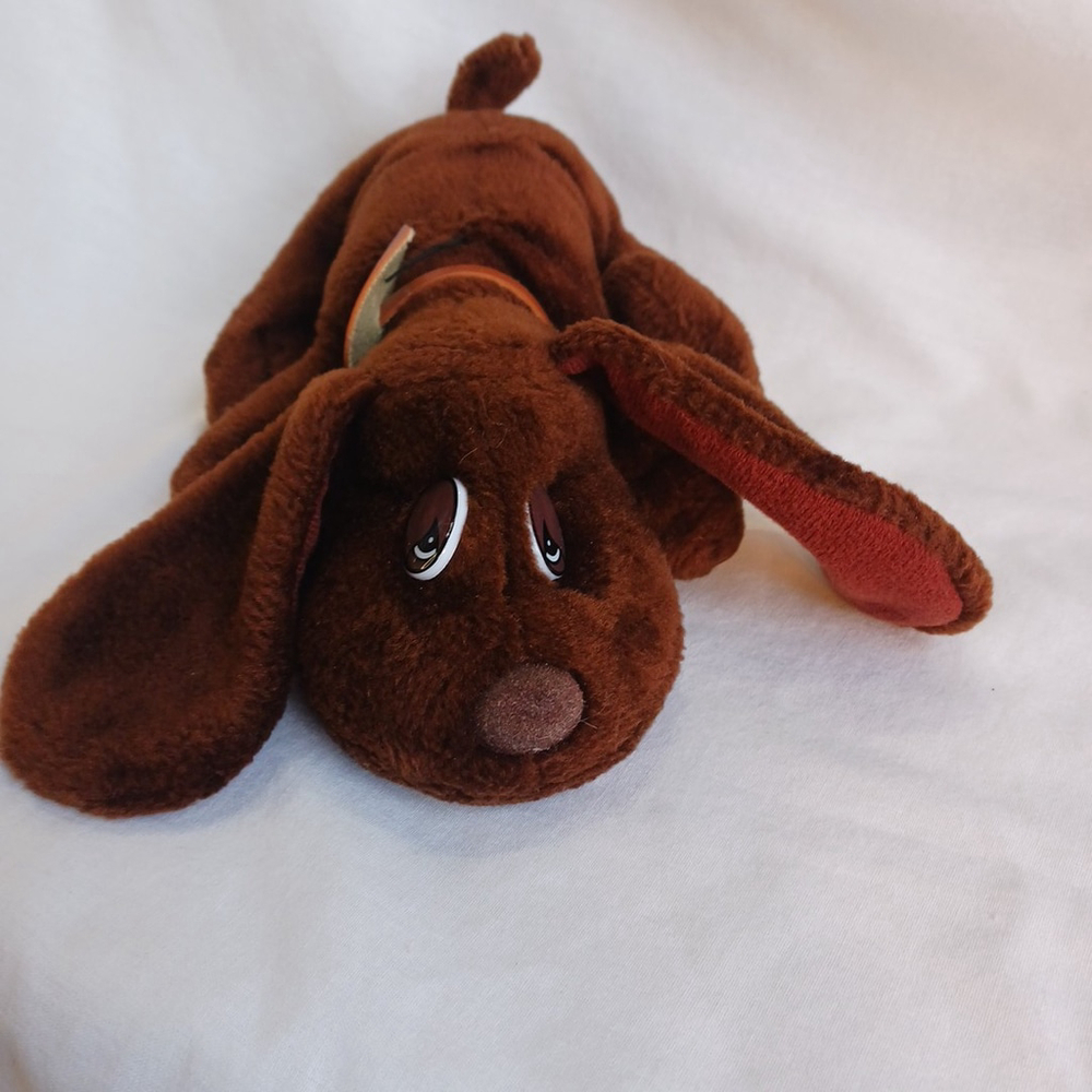 VTG JRL Little Lonely Puppies Plush Dog TOY DARK BROWN Leather Tag 11" HOUND